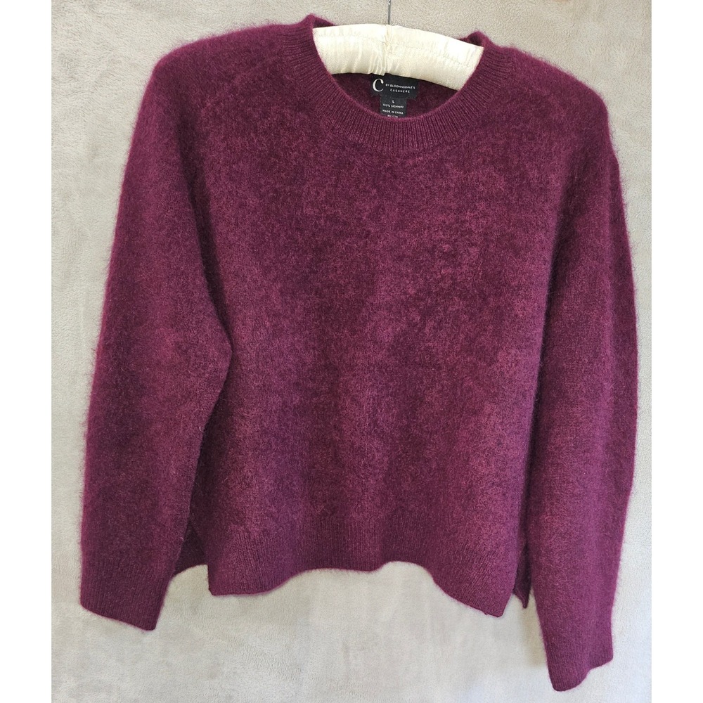 C by Bloomingdale's Cashmere Sweater L Plum Brushed Boxy Cropped Crewneck Slouch
